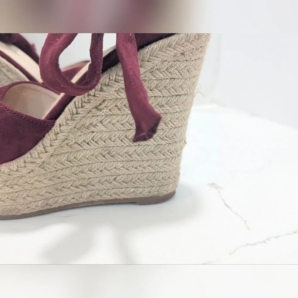 Alegra K High Heel Espadrilles Platform Strapy Tie Burgundy Suede Shoe Wedge 8.5